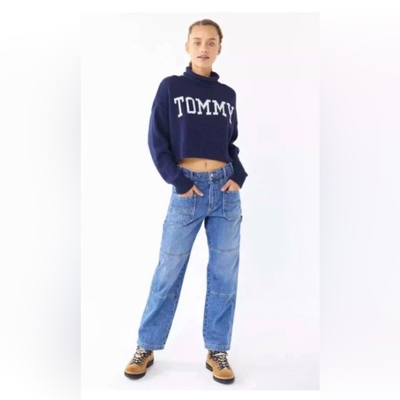Tommy Jeans Logo Turtleneck Sweater Slouchy Navy Blue Urban Crop S/M READ GUC - Picture 2 of 14